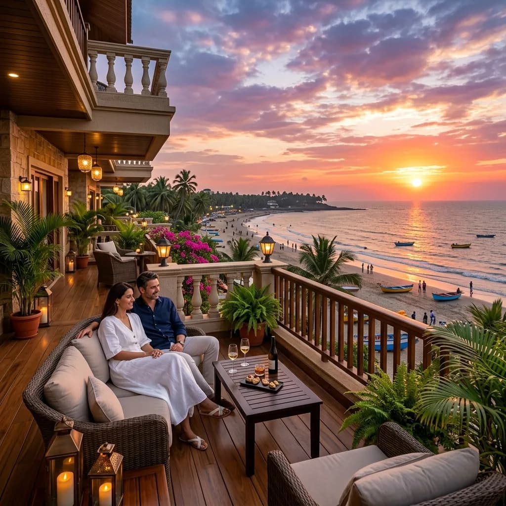 Cozy boutique guest house balcony in Daman overlooking the beach during sunset